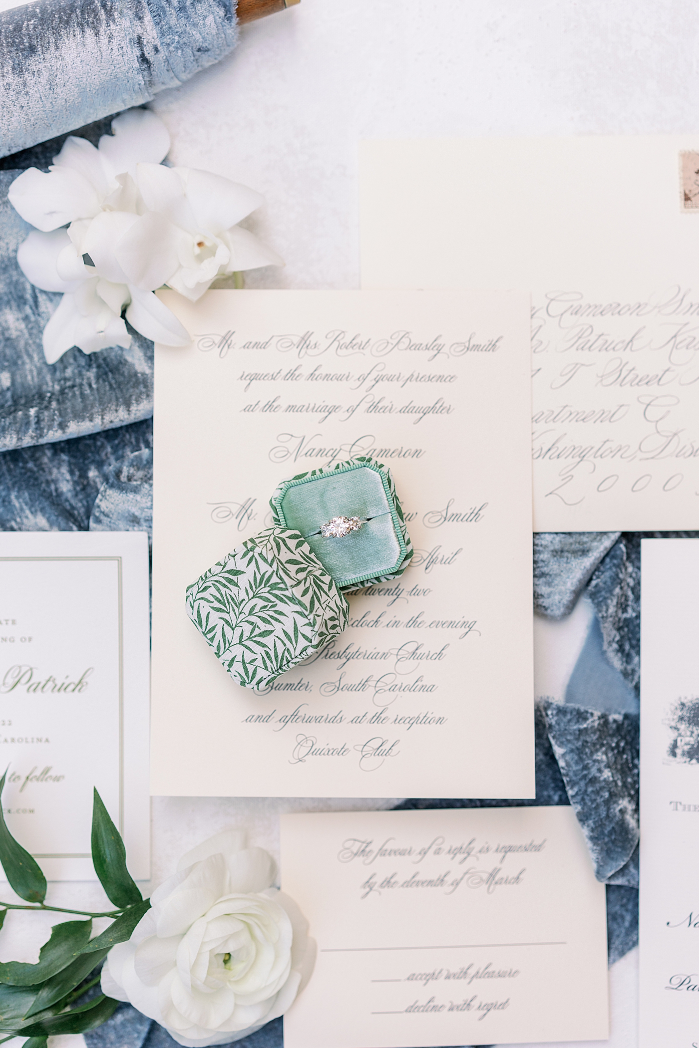 Custom ring box with green and white floral design | Photo by Annie Laura Photography