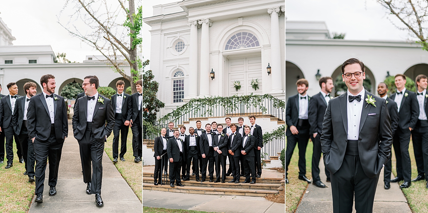 Groomsmen posing for group photos during Timeless Country Club Wedding | Photo by Annie Laura Photography