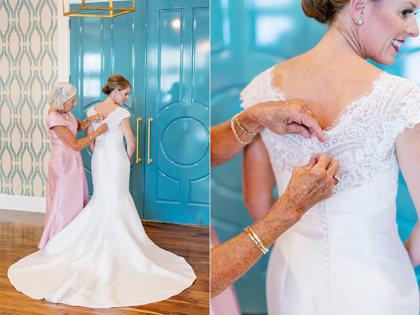 Mother of the bride buttoning her dress before Simple + Southern Country Club Wedding | Image by Annie Laura Photo