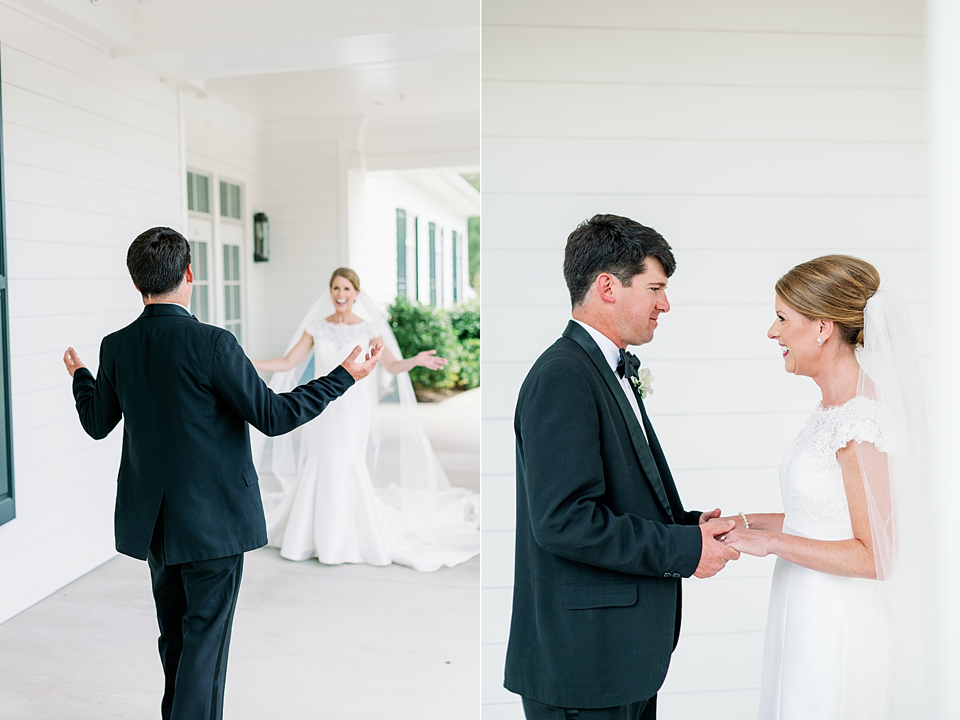 Bride and groom first look during their Simple Southern Country Club Wedding | Image by Annie Laura Photo