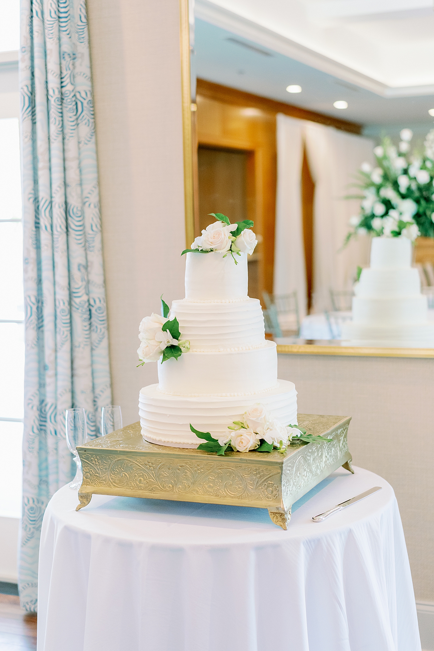 White wedding cake with white flowers | Image by Annie Laura Photo