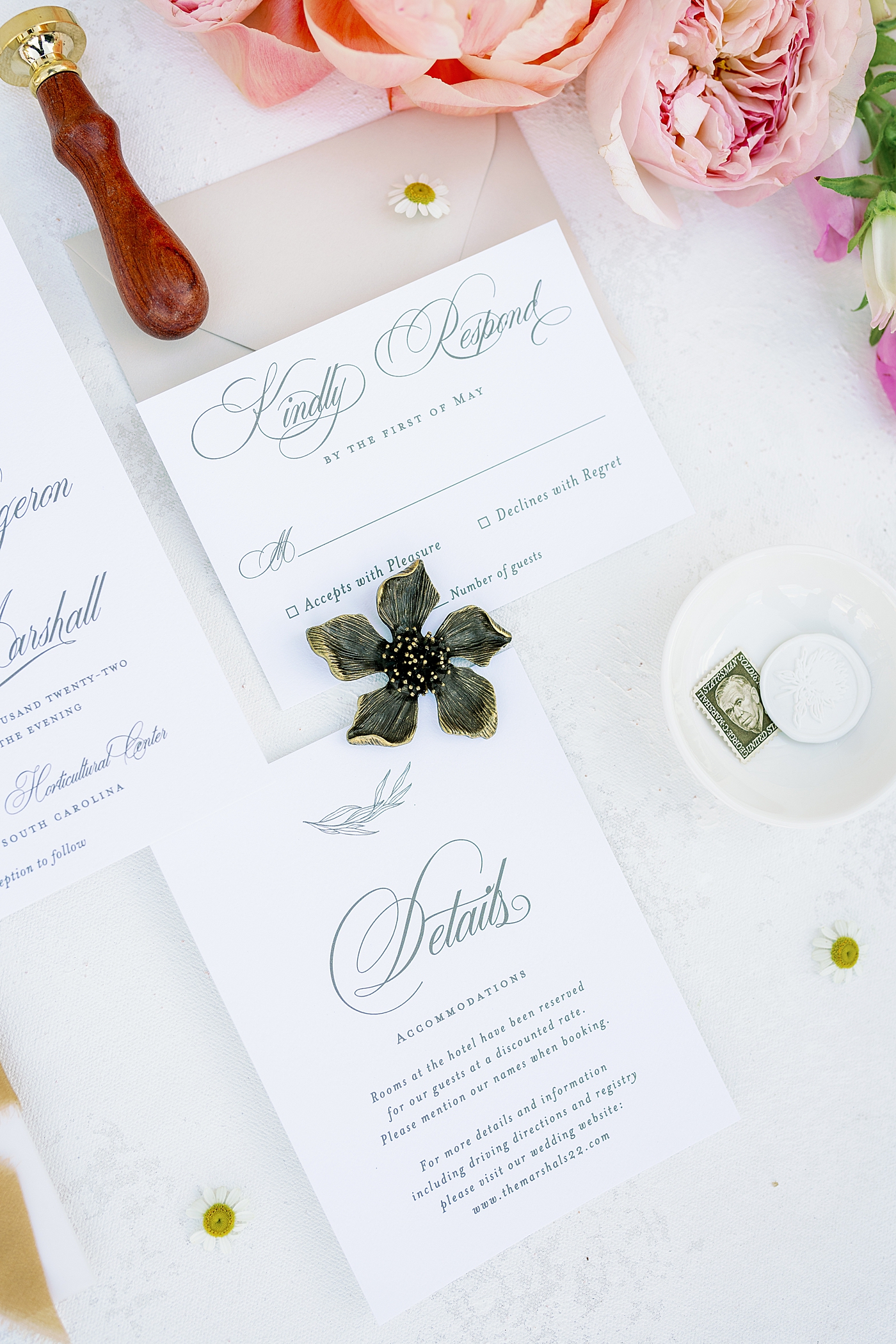Wedding invitation styled with flowers and a ring dish | Photo by Annie Laura Photo