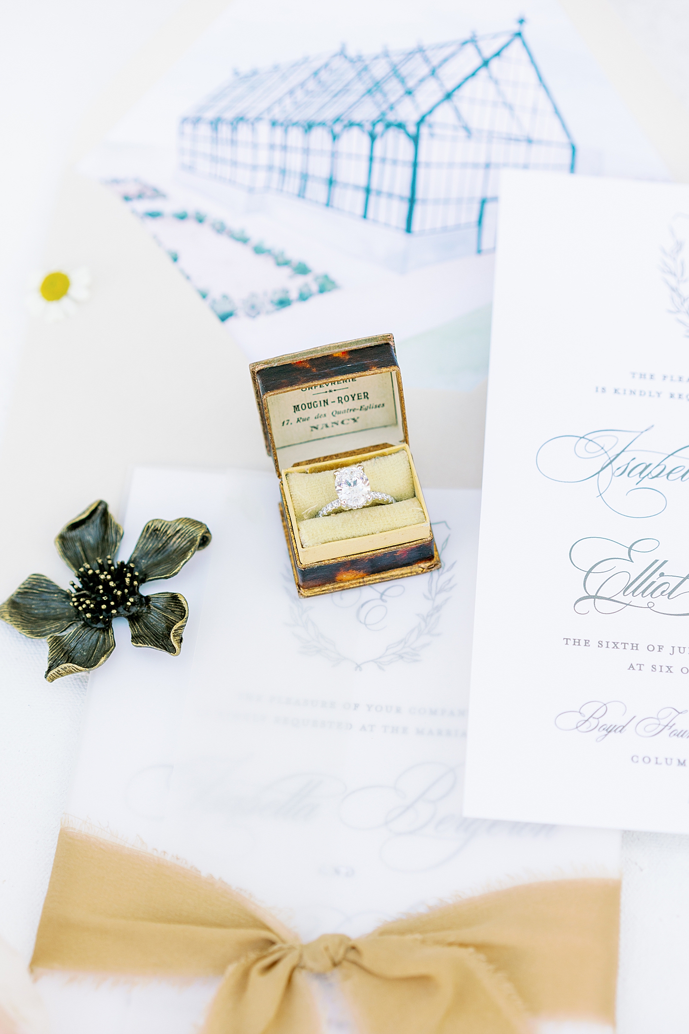 Bridal details from summer inspired garden wedding with antique ring box | Photo by Annie Laura Photo