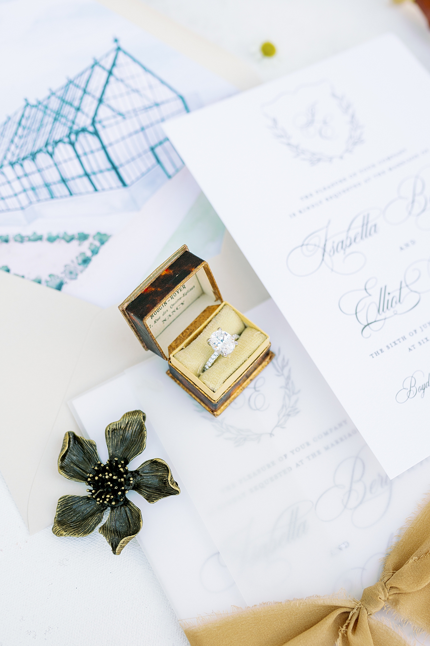 Detail of an engagement ring in an antique ring box | Photo by Annie Laura Photo