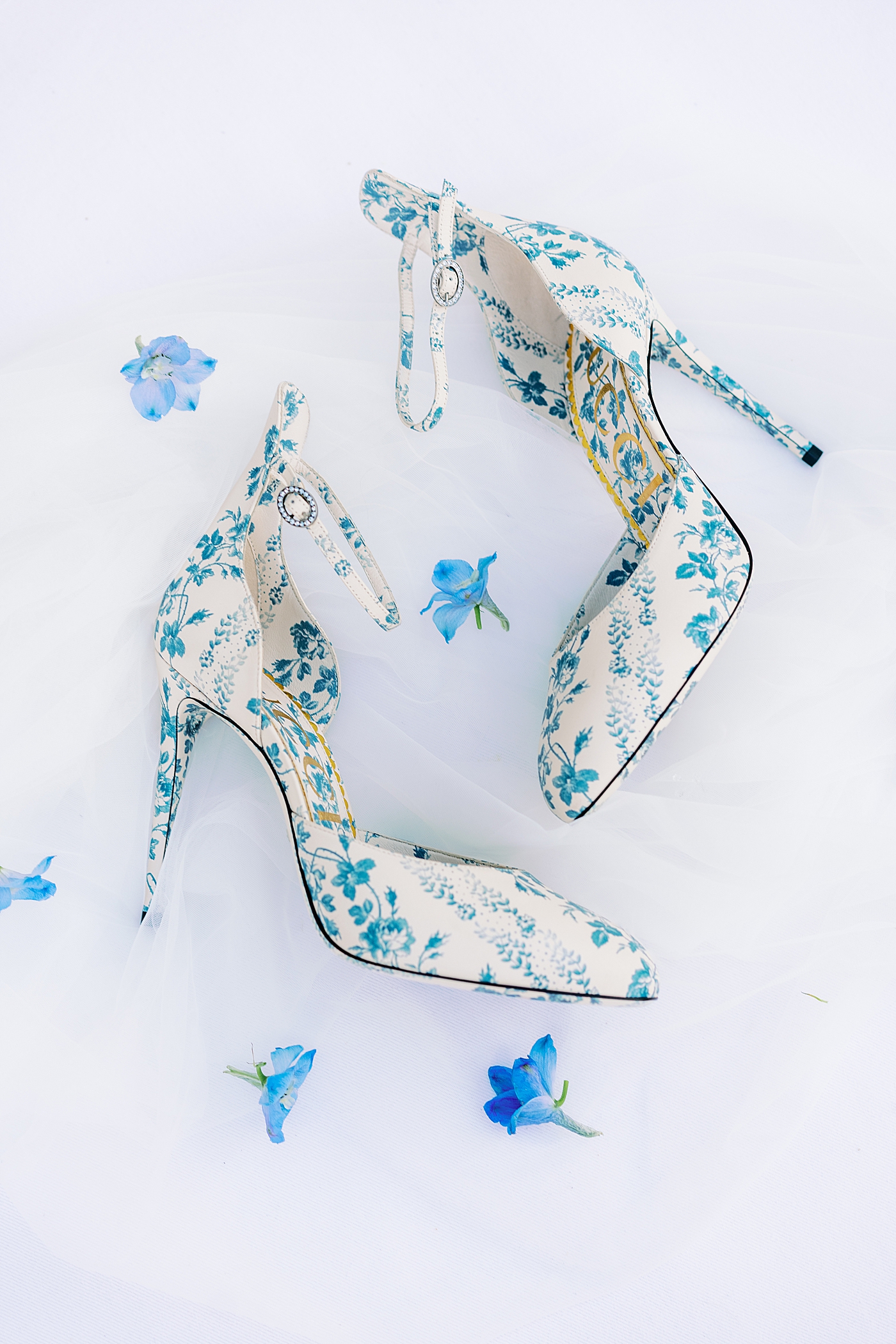 Gucci floral print blue and white heels from summer inspired garden wedding | Photo by Annie Laura Photo
