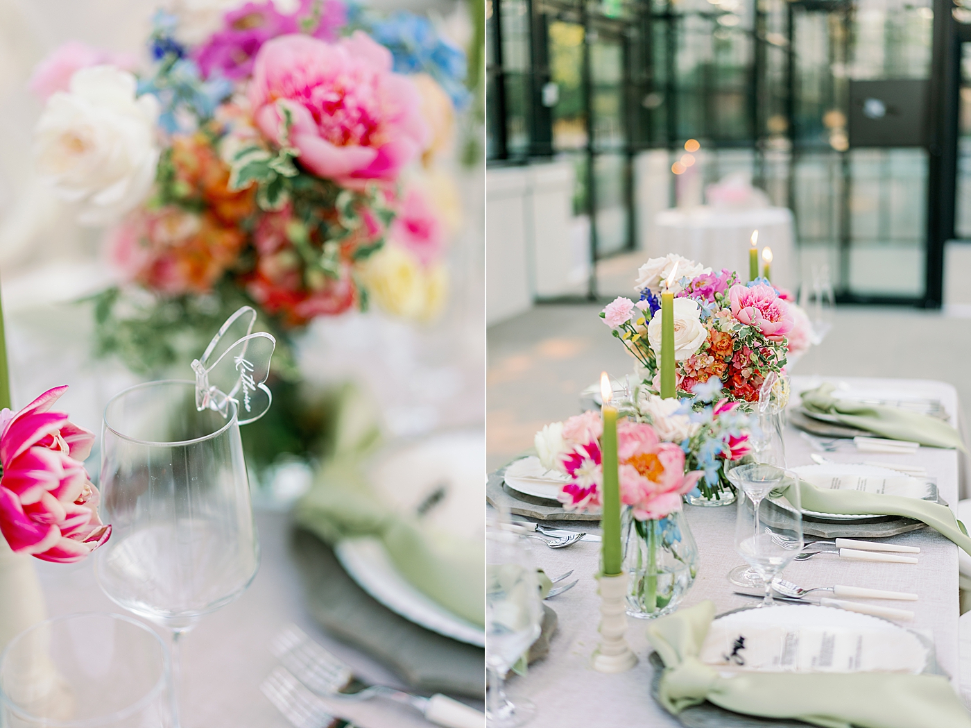 Custom details with colorful flowers and custom butterfly table markers | Photo by Annie Laura Photo