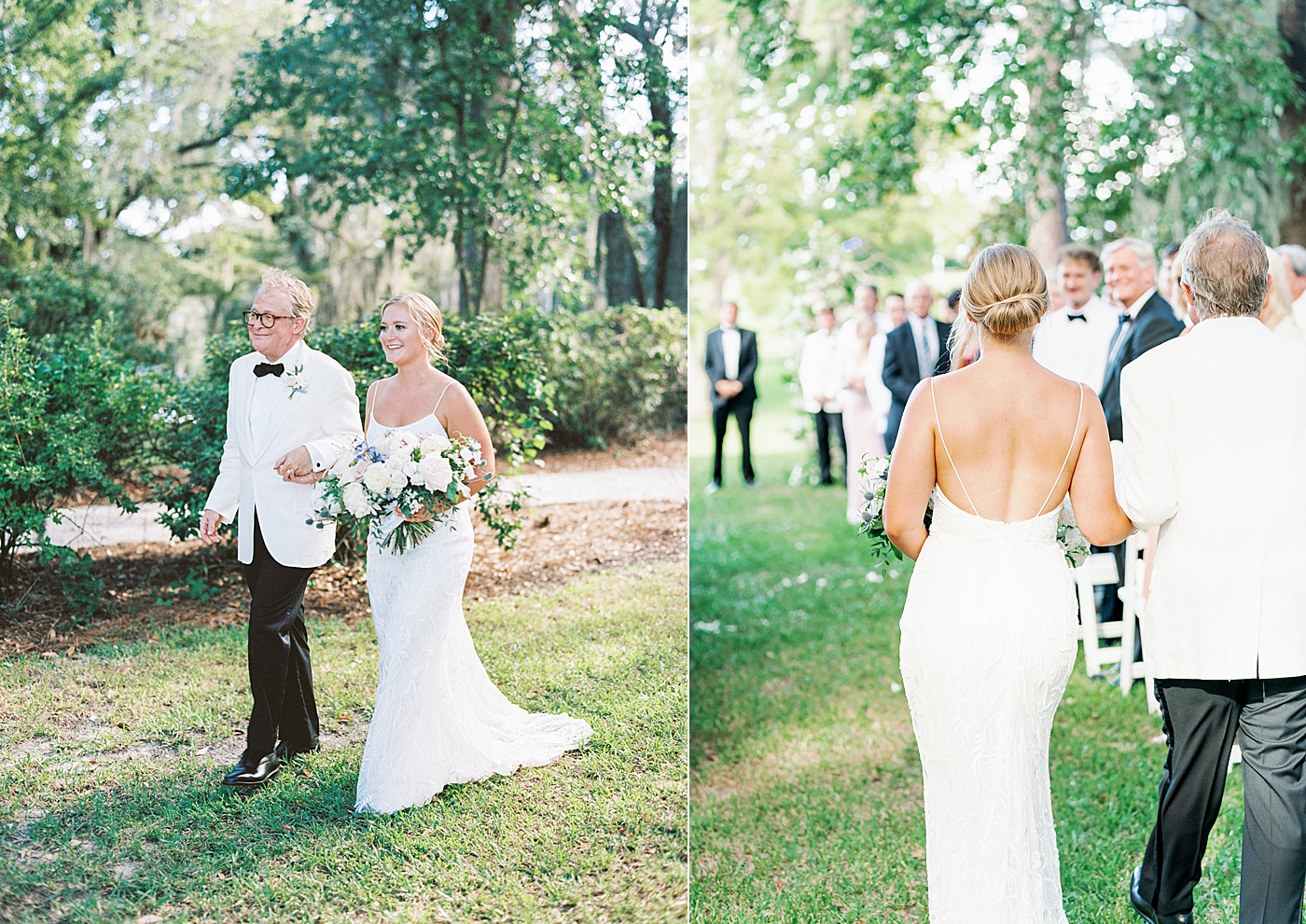 Bride walking down the aisle during their Elegant Grandmillenial Charleston Wedding | Images by Annie Laura Photography