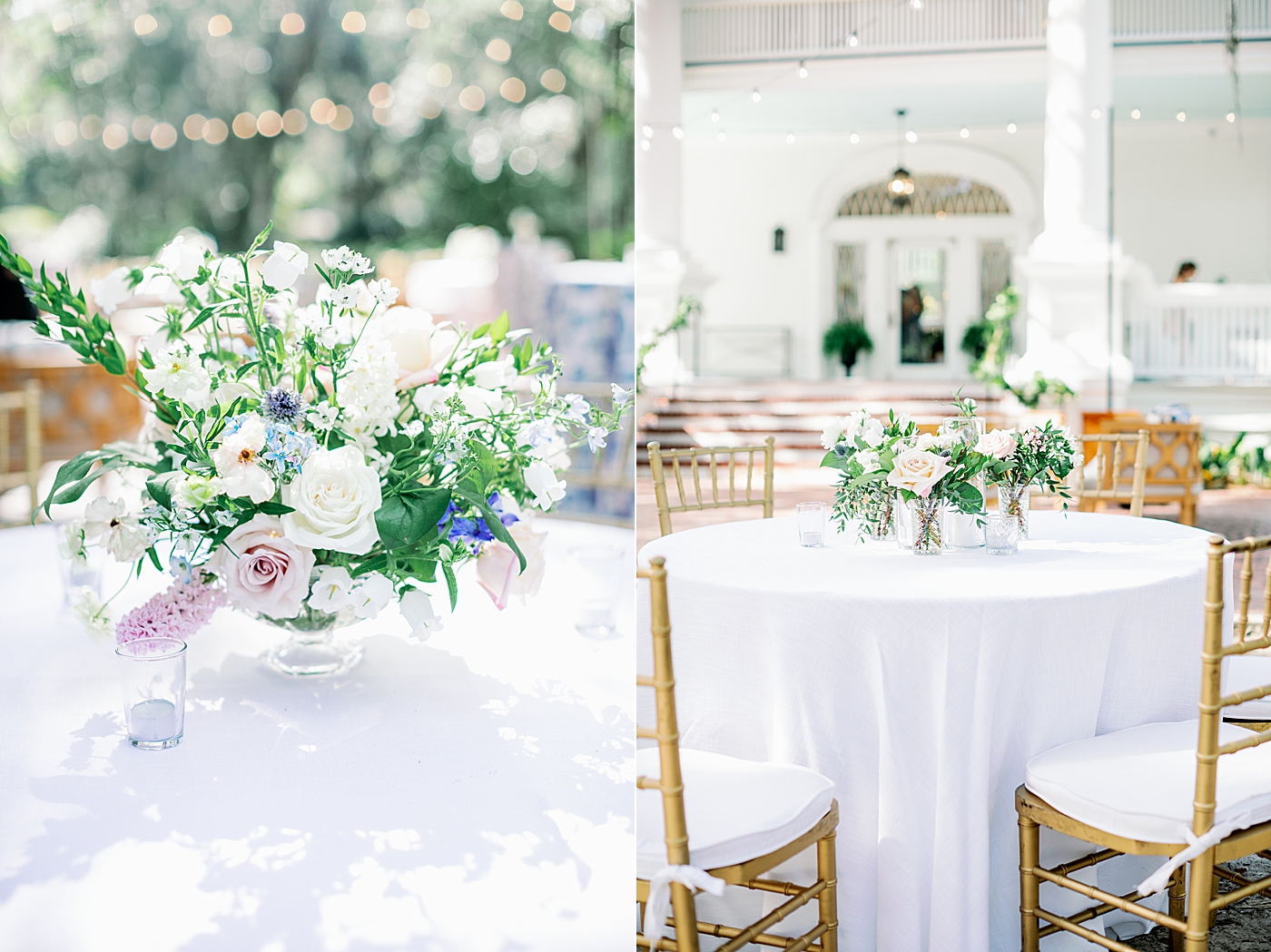 Reception details with flowers and tables during Elegant Grandmillenial Charleston Wedding | Images by Annie Laura Photography