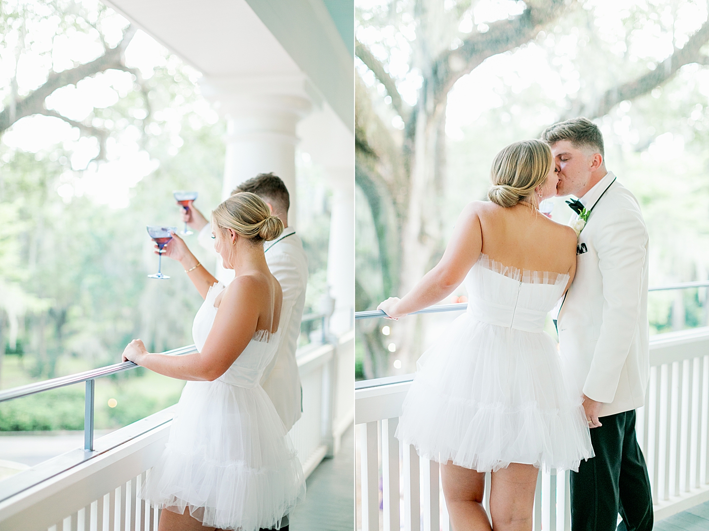Bride and groom kissing on a balcony during their Elegant Grandmillenial Charleston Wedding | Images by Annie Laura Photography