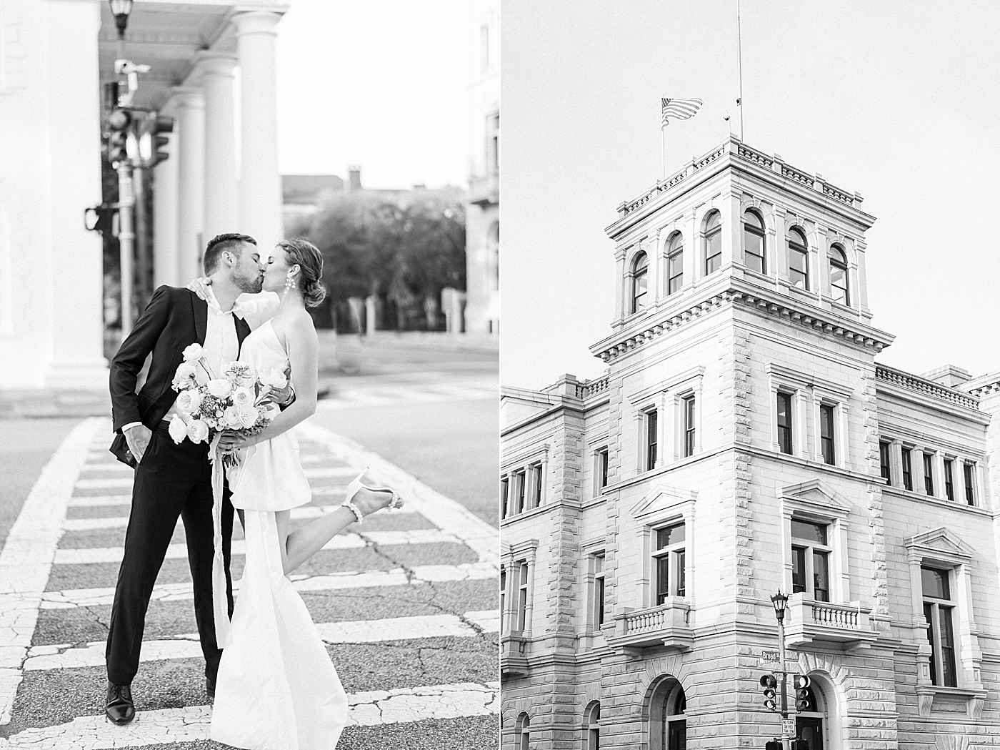 Black and white image of couple kissing at crosswalk during Elevated City Hall Elopement | Images by Annie Laura Photo