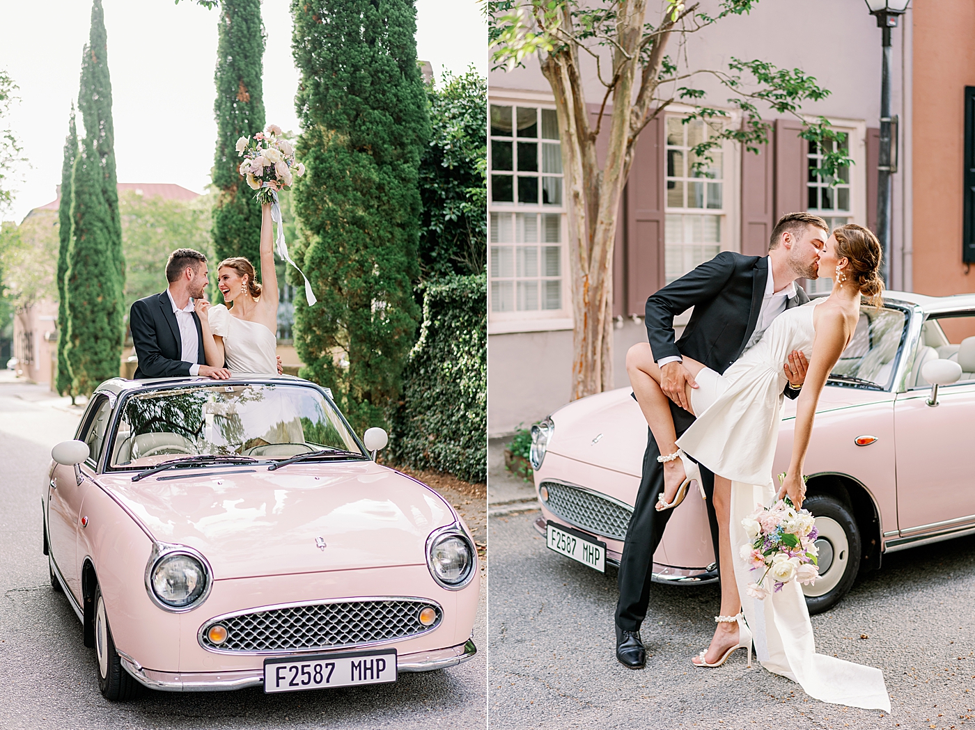 Bride and groom in pink convertible | Images by Annie Laura Photo