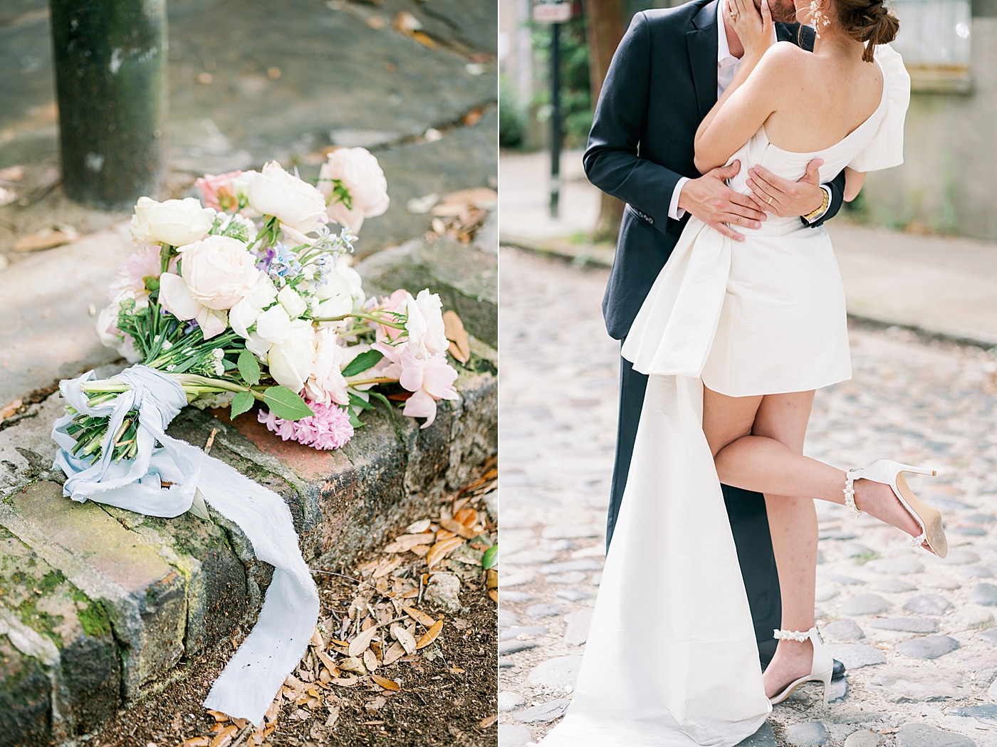 Bouquet on a cobblestone street in Charleston | Images by Annie Laura Photo