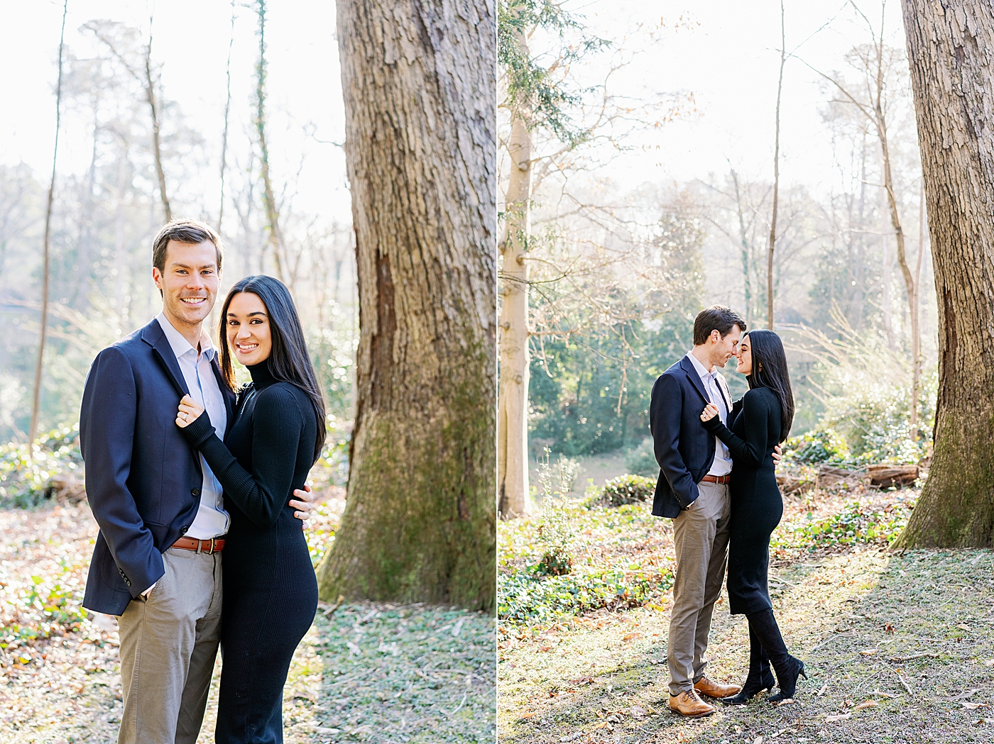Couple in navy and black hugging in the woods | Image by Annie Laura Photo