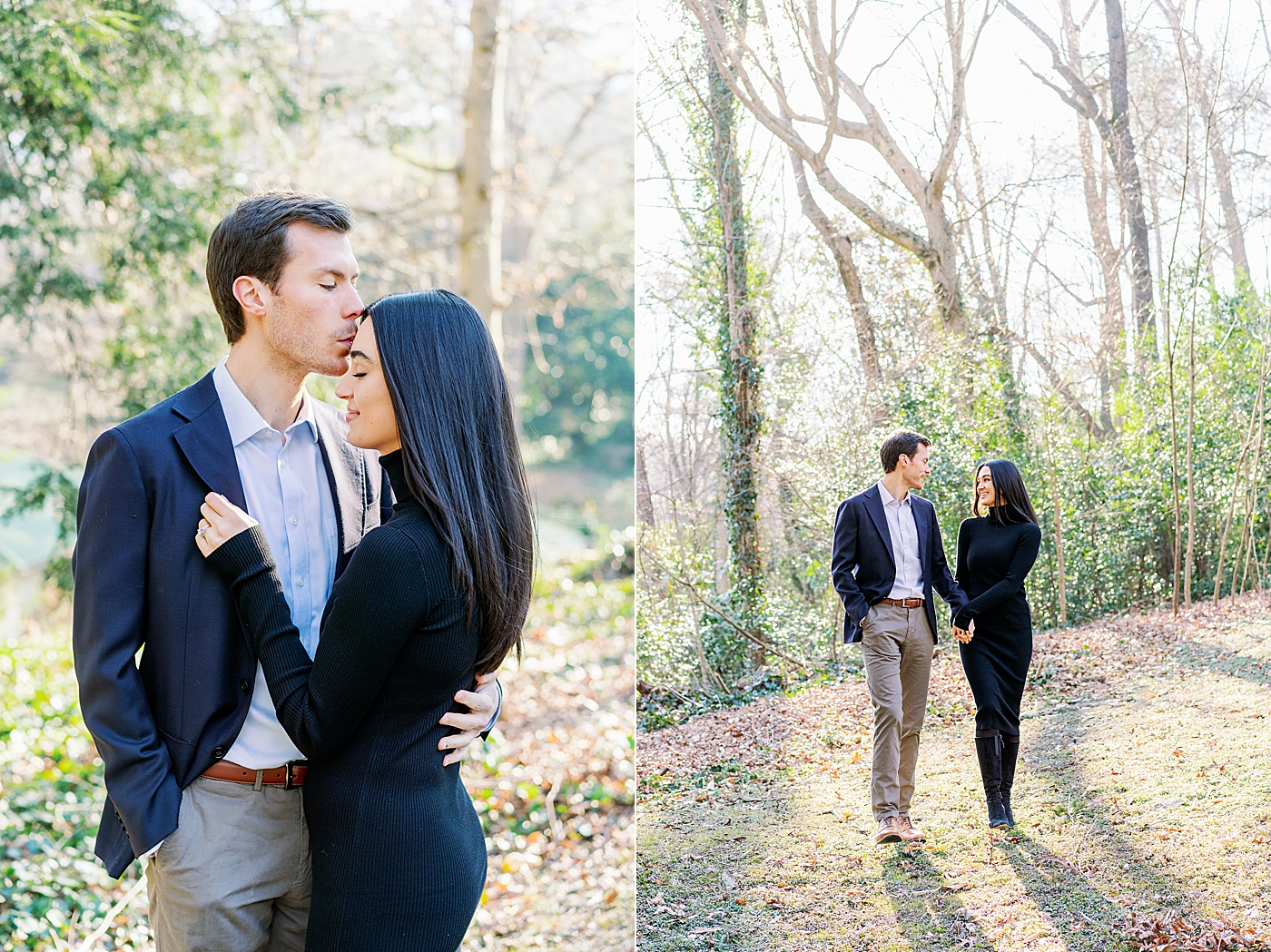 Couple in navy and black embracing during their engagement session | Image by Annie Laura Photo