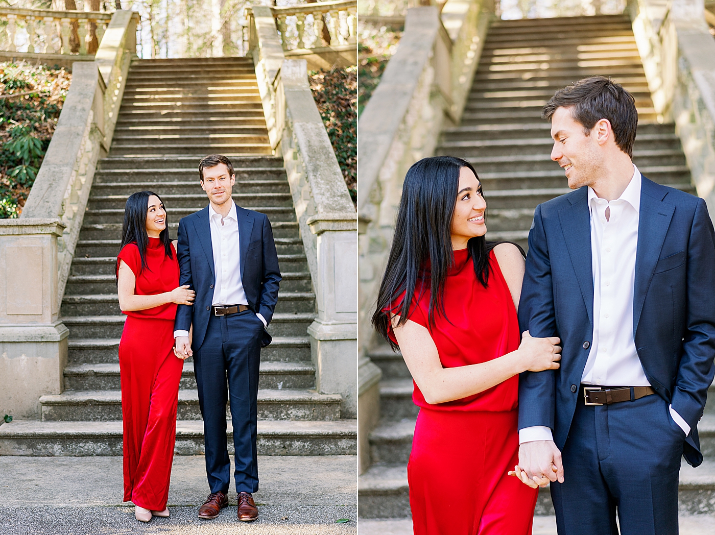 Couple in chic red and blue outfits posing in front of stairs | Image by Annie Laura Photo