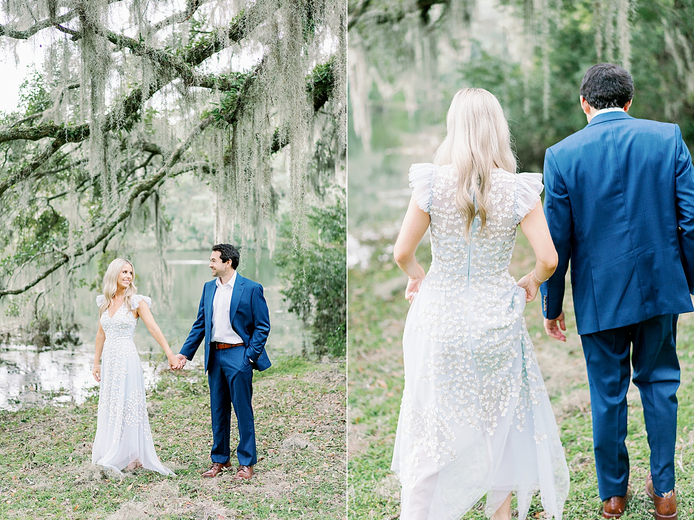 Couple holding hands under oak trees | Intimate Charleston Engagement Session with Annie Laura Photo